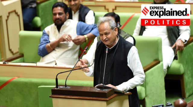 Rajasthan Chief Minister Ashok Gehlot speaks in the Assembly in Jaipur. (Express Photo: Rohit Jain Paras, File)
