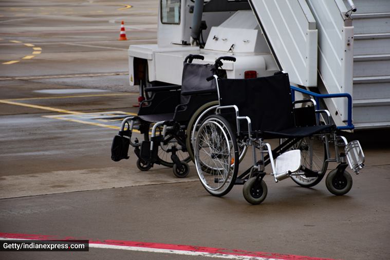 people with disability, disabled people, people on wheelchair, wheelchair in the airport, travelling in a wheelchair, wheelchair scanning, prosthetic limb, artificial limb, scanning of disabled people, Sudhaa Chandran airport incident, CISF, disability rights, indian express news