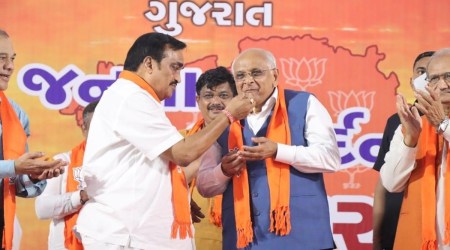 Following the victory in GMC elections, Gujarat BJP president CR Paatil and Chief Minister Bhupendra Patel greeted party workers at BJP headquarters in Gandhinagar. (Photo: Twitter/@Bhupendrapbjp)