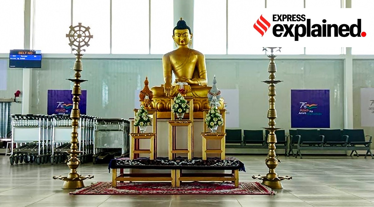 A Buddha statue placed inside the Kushinagar international airport, Tuesday, Oct. 19, 2021. (PTI Photo)