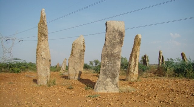 Menhirs of 10 to 14 feet height at Mudumal. (Credits: Special Arrangement/KP Rao)
