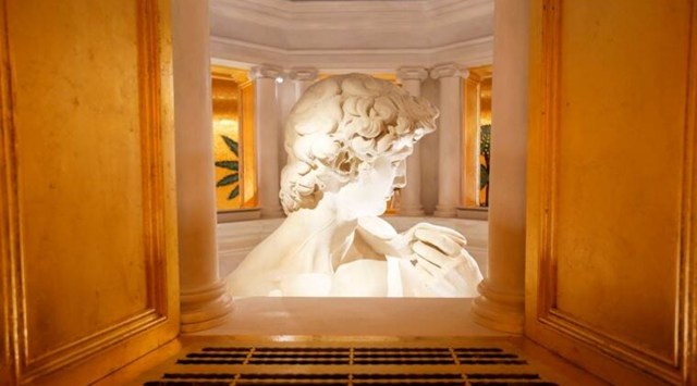 The 3-D twin of Michelangelo’s David statue is pictured in the Italian Pavilion at Dubai Expo 2020. (Reuters)