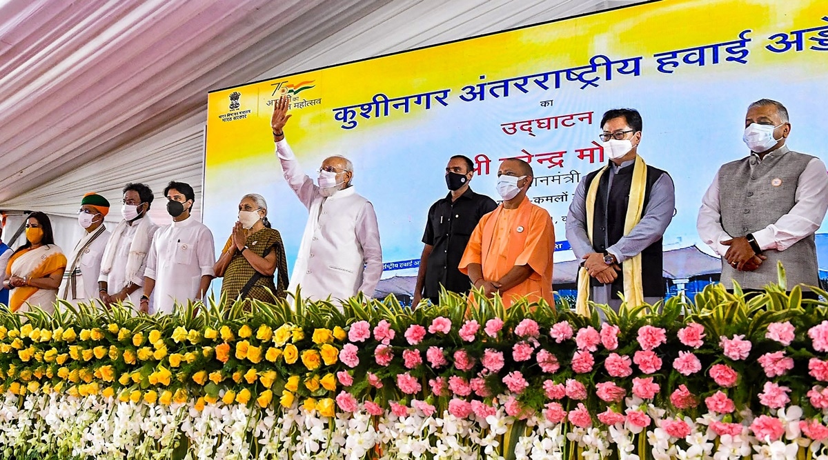 Prime Minister Narendra Modi with Union Ministers Kiren Rijiju, Jyotiraditya Scindia, G Kishan Reddy & Arjun Ram Meghwal, UP Governor Anandiben Patel, UP Chief Minister Yogi Adityanath and others, during the inauguration of the Kushinagar International Airport. (PTI)
