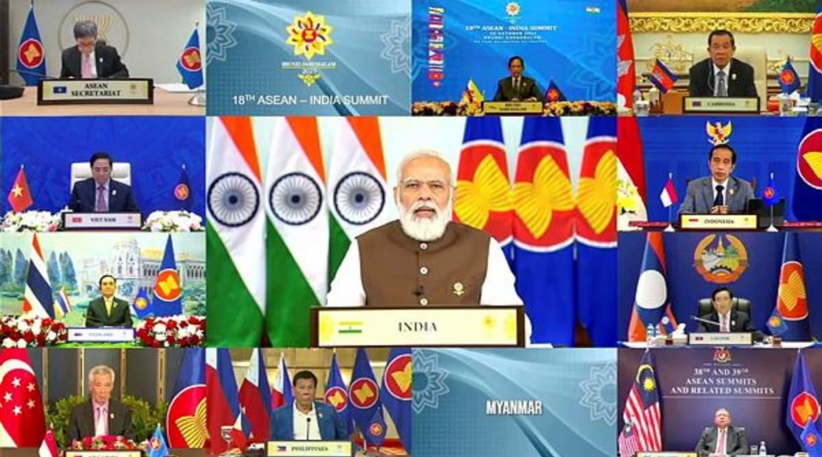 In this image released by Brunei ASEAN Summit, Prime Minister Narendra Modi speaks during the ASEAN-India Summit on the sidelines of the Association of Southeast Asian Nations (ASEAN) summit with the leaders, Thursday, Oct. 28, 2021. (Via AP)