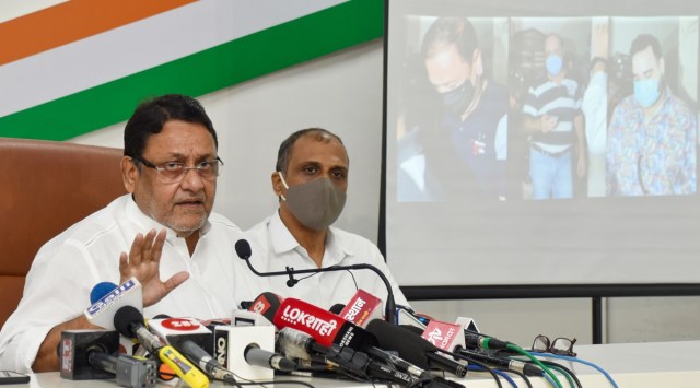 NCP leader Nawab Malik addressing a press conference on the cruise ship raid case. (Express photo)