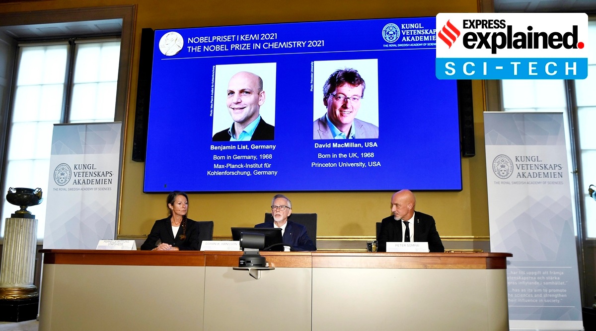 Goran K Hansson, Permanent Secretary of the Royal Swedish Academy of Sciences, centre, announces the winners of the 2021 Nobel Prize in Chemistry, in Stockholm, Sweden, Wednesday, Oct. 6, 2021. (AP)