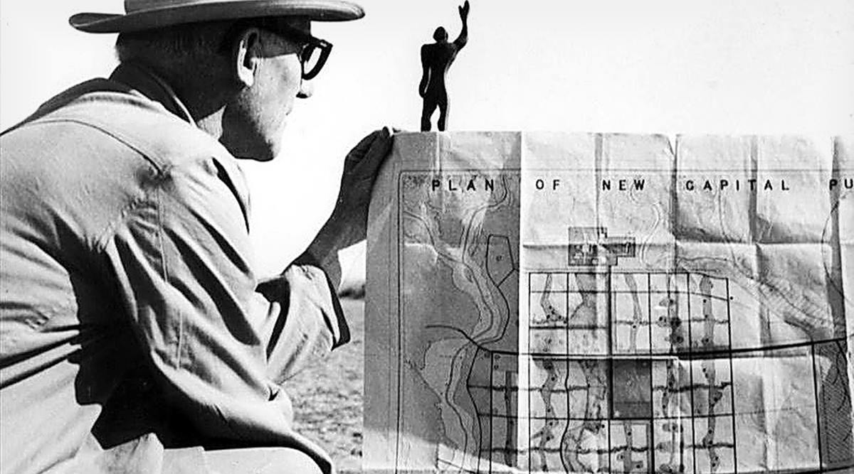 Architect Le Corbusier with the plan of new capital of Punjab, Chandigarh. 