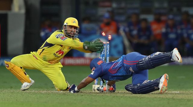 Dubai: MS Dhoni, captain of Chennai Super Kings attempts to stump Rishabh Pant during match 50 of the Indian Premier League between the Delhi Capitals and the Chennai Super Kings held at the Dubai International Stadium, Monday, Oct. 4, 2021. (Source: Sportzpics)
