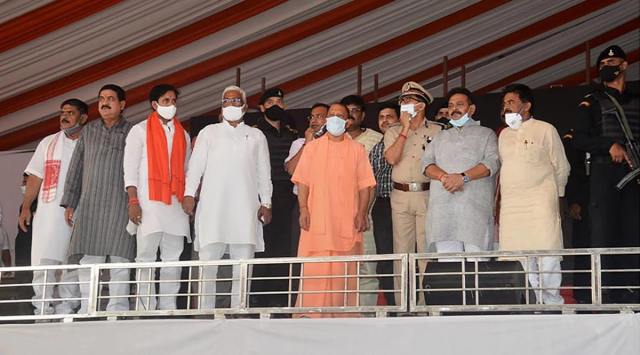 Varanasi: Chief Minister Yogi Adityanath inspects the preparations for the public meeting of Prime Minister Narendra Modi, at Mehndi Ganj in Varanasi, Saturday, Oct. 23, 2021. (PTI Photo)