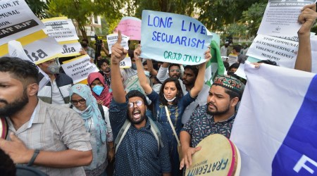 New Delhi: AISA members stage a protest against Tripura violence outside the Tripura Bhawan, in New Delhi, Friday, Oct. 29, 2021. (PTI Photo/Ravi Choudhary)  (PTI10_29_2021_000215B)