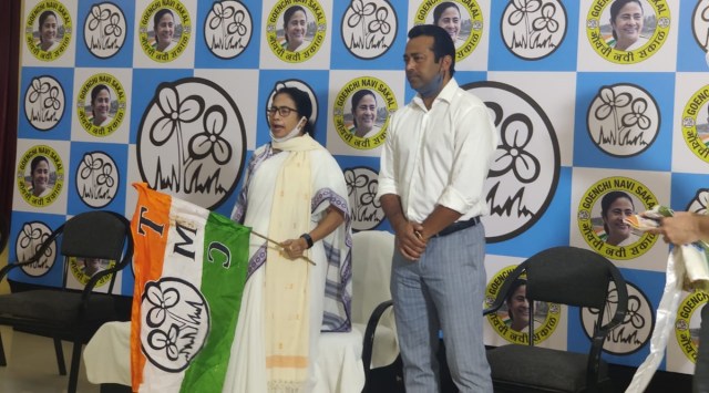 Leander Paes joins TMC in presence of Mamata Banerjee on Friday. (Express Photo)