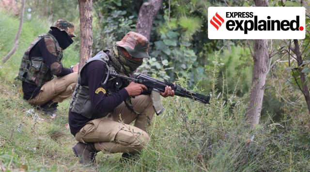 Security personnel in position at the encounter site in Bhatadurian area of Mendhar in Poonch district, Sunday, Oct. 17, 2021. (PTI Photo)
