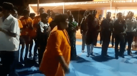 Several videos have surfaced of the MP enjoying garba during the Navratras, and even playing basketball. (Screengrab: Twitter/@Sreenivasiyc)
