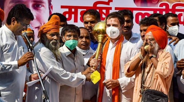 Congress leader Rahul Gandhi during the flag-off ceremony of 'Shobha Yatra' on the occasion of Valmiki Jayanti, in New Delhi, Wednesday, Oct. 20 2021. (PTI Photo)