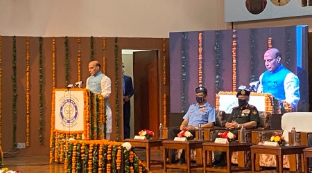 Union Defence Minister Rajnath addresses a gathering at the Terminal Ballistic Research Laboratory in Panchkula on Thursday. (Express Photo)