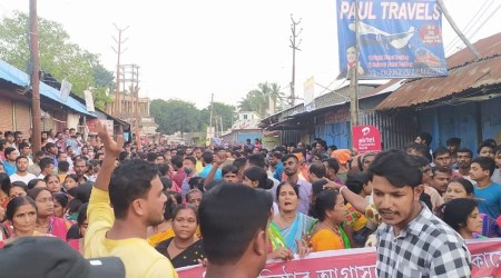 Hindu Jagaran Mancha, Viswa Hindu Parishad and other organisations take out protest rally at Dharmanagar in North Tripura. (Express photo)
