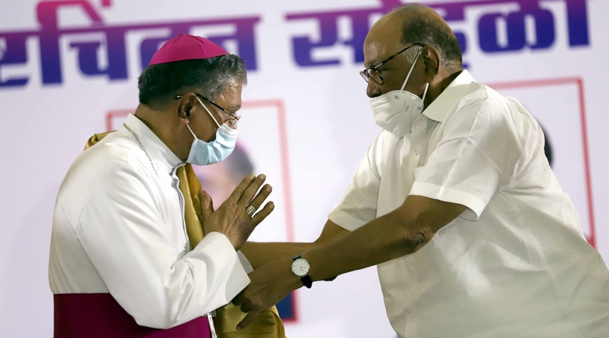 NCP chief Sharad Pawar felicitated Bishop of Poona Rt Rev Thomas Dabre on Sunday. Express photo by Pavan Khengre