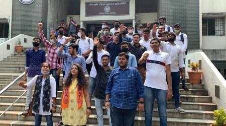 Demanding the suspension of policemen for the alleged assault on students after they were detained from the campus of Veer Narmad South Gujarat University (VNSGU) in Surat during a garba event organised by students, claiming permission was not taken for the event and Covid protocols were not followed.
(Twitter/ABVP Gujarat)