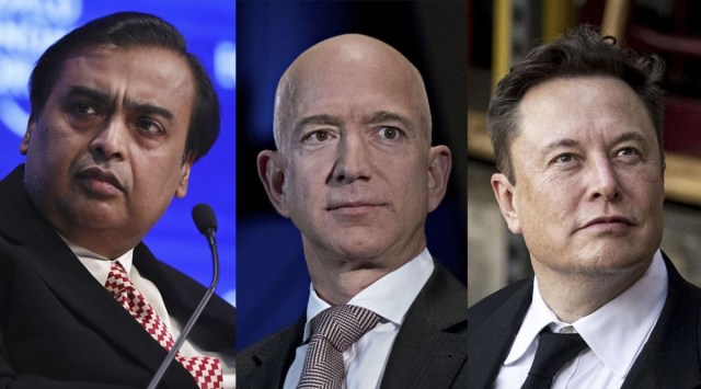 Ambani (L) entered the rarefied group of 11 men, including Jeff Bezos (C) and Elon Musk (R), as his conglomerate’s stock climbed to a record on Friday. (Source: Bloomberg)