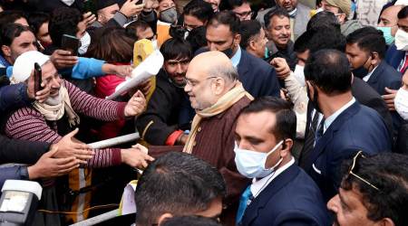 Amit Shah at a public meeting in Srinagar Monday.  (ANI)