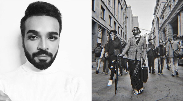 man wear saree, bengali man wear saree in milan, desi man wear sari in milan, man wears saree in italy, men wearing woman clothing, viral news, indian express,