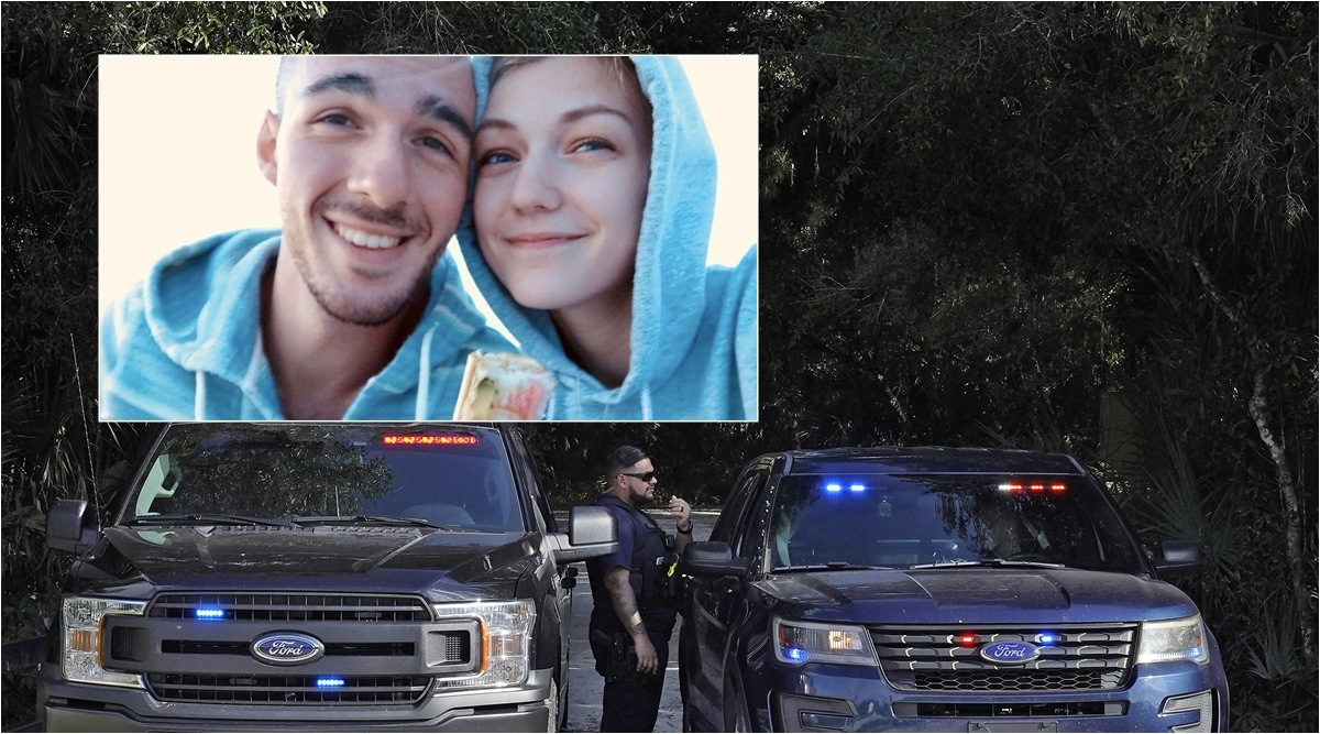Police officers block the entrance to the Myakkahatchee Creek Environmental Park in Florida. (inset) Gabby Petito and Brian Laundrie. (AP, Reuters)
