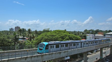 Kochi Metro train passing Pathadippalam towards Palarivattom. (Express photo)