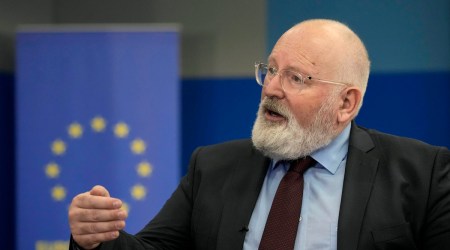 Executive Vice President of European Union Green Deal Frans Timmermans gestures as he speaks during an interview with The Associated Press in Jakarta, Indonesia on Oct. 18, 2021. (AP)