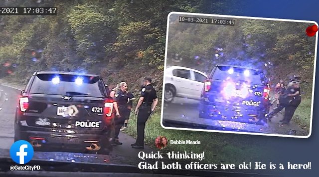 police officer saves colleague car crash, gate city police department, car crash cop saves cop, police officers escapes car crash, viral videos, indian express