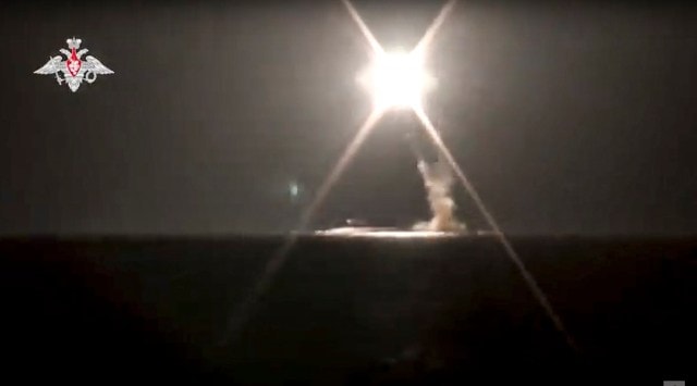 In this photo taken from video distributed by Russian Defense Ministry Press Service on Monday, Oct. 4, 2021, a new Zircon hypersonic cruise missile is launched by a submarine of the Russian navy from the Barents Sea. In July, Russia successfully tested a Tsirkon (Zircon) hypersonic cruise missile, which President Vladimir Putin touted as part of a new generation of missile systems. (Russian Defense Ministry Press Service via AP)