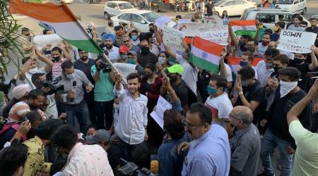 Kashmiri Pandits in Jammu protest the killings. (Express Photo)