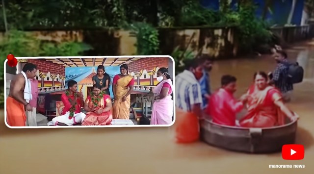 bride and groom reached their marriage hall cooking vessel, kerala couple wedding, kerala rain videos, kerala rain death toll, kerala floods video, kerala floods social media, kerala rain updates, kerala floods news, kerala news, indian express, indian express news