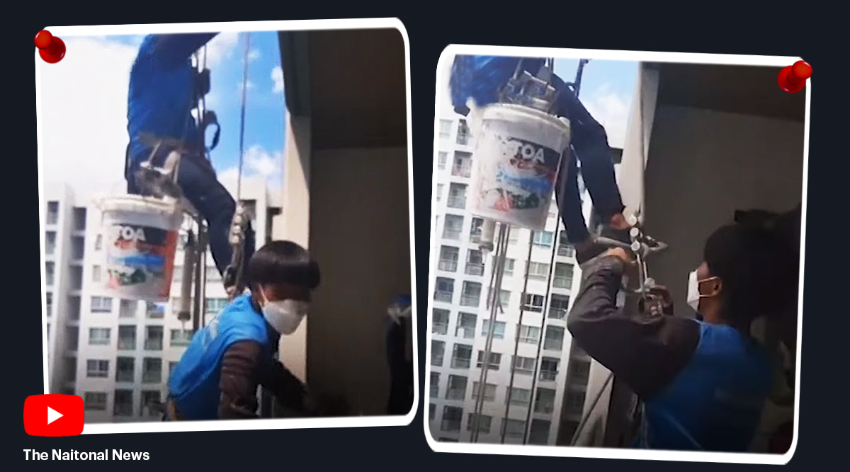 thailand woman cuts rope painters left hanging viral video, Thai painters left dangling woman cuts rope viral, trending, indian express, indian express news
