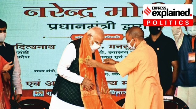 Uttar Pradesh CM Yogi Adityanath greets PM Narendra Modi in Varanasi on Monday. (Photo: Anand Singh)