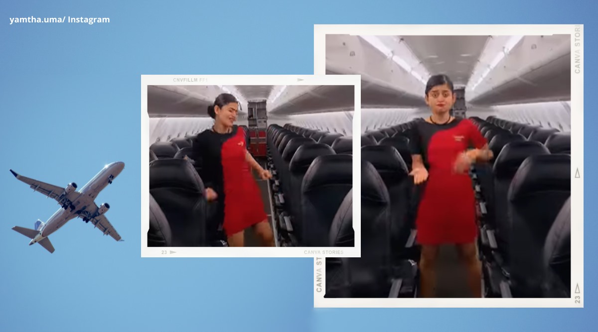air hostess dance in plane, empty plane flight attendant dance, urvashi urvashi air hostess dance, spicejet air hostess dance, viral videos, indian express