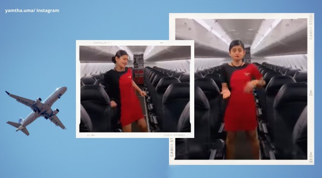 air hostess dance in plane, empty plane flight attendant dance, urvashi urvashi air hostess dance, spicejet air hostess dance, viral videos, indian express