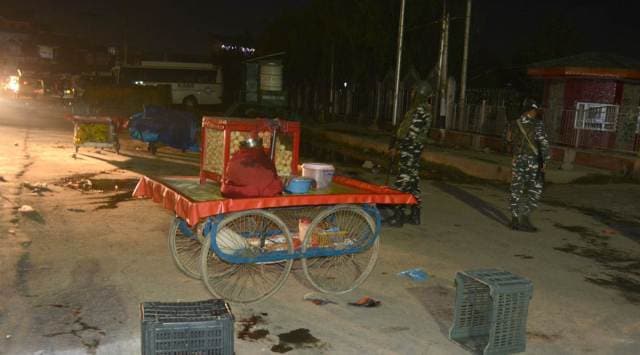 Bloodstains at the spot where militants killed a street vendor in Srinagar on Saturday. *(PTI)