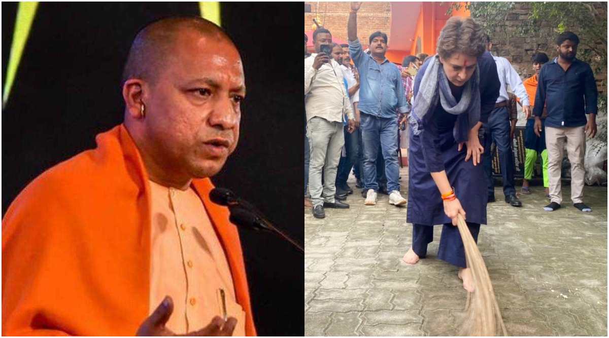 Yogi Adityanath (File); Priyanka Gandhi sweeps Balmiki Temple at Lavkush Nagar area in Lucknow on Friday. (Express Photo: Vishal Srivastava)