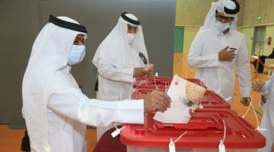 Qataris vote in legislative elections in Doha, Qatar, Saturday, Oct. 2, 2021. For the first time citizens will elect two-thirds of Shura council while emir will appoint the remaining 15 members. (AP Photo/Hussein Sayed)