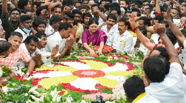 V K Sasikala pays tribute at former Tamil Nadu CM J Jayalalithaa’s memorial at Chennai’s Marina Beach on Saturday. (PTI)
