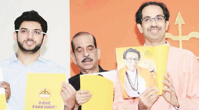 File photo of Uddhav Thackeray, his son Aaditya Thackeray and senior leader Manohar Joshi releasing the party’s manifesto in 2017.
