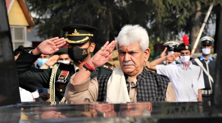 J&K Lt. Governor Manoj Sinha pays tribute to martyrs during the unveiling of a War Memorial at Srinagar International Airport, Wednesday, Oct. 27, 2021. (PTI Photo)