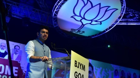 Tejasvi Surya addressing the workers of BJP youth wing in Goa (Twitter/Tejasvi Surya)