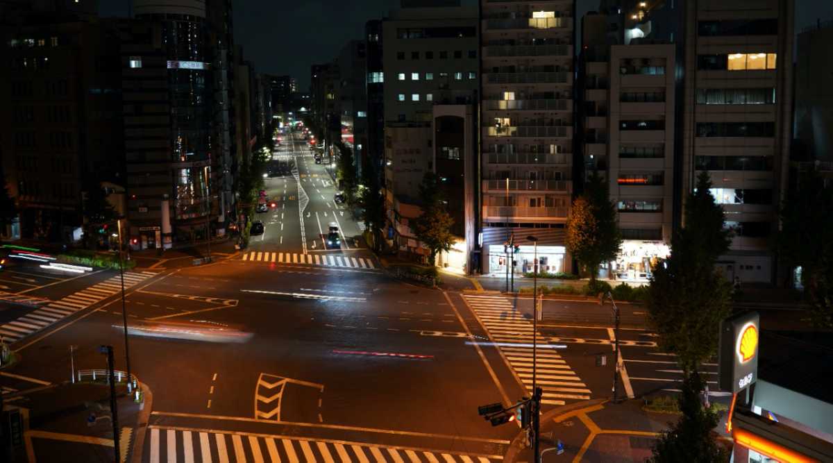 An intersection is seen after a strong earthquake hit metropolitan area Thursday, Oct. 7, 2021, in Tokyo. (AP Photo)