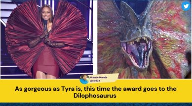 Tyra Banks dinosaur dress, Tyra Banks Jurassic World tweet, Tyra Banks dinosaur dress on DWTS, Tyra-nnosaurus Rex, indian express