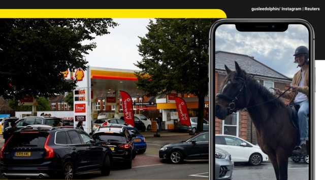 britain fuel crisis, uk petrol shortage, uk fuel panic buying, uk fuel tank drivers shortage, man rides horse petrol crisis, viral videos, indian express
