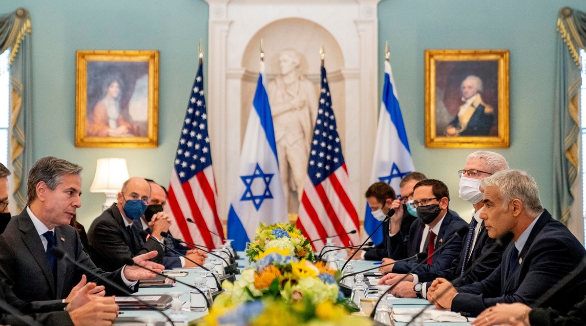 U.S. Secretary of State Antony Blinken, accompanied by Israeli Foreign Minister Yair Lapid, speaks at bilateral meeting at the State Department in Washington, U.S., October 13, 2021. Andrew Harnik/Pool via REUTERS