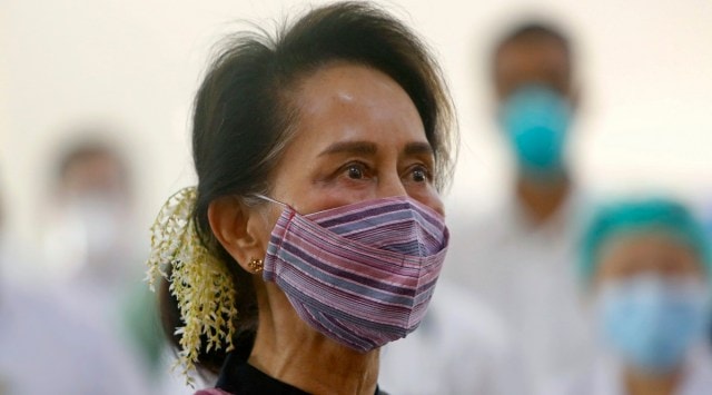 File photo of former Myanmar leader Aung San Suu Kyi watching the vaccination of health workers at hospital in Naypyitaw. (AP)