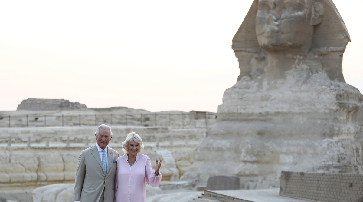 Britain's Prince Charles and his wife, Camilla visit the pyramids of Giza, on the edge of Cairo, Egypt (AP)