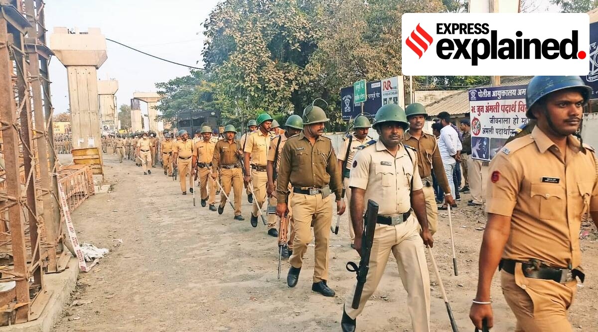 Security forces in Amravati on Saturday. (Express photo)